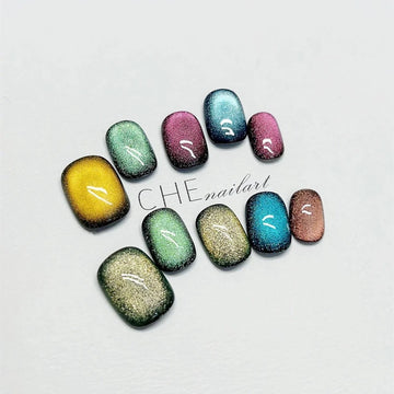 Qfdian 10pcs Colorful Handmade Press on Nails Cat Eye Glitter False Nails Manicure Decoration for Women Wearable Adhesive Fake Tips Art